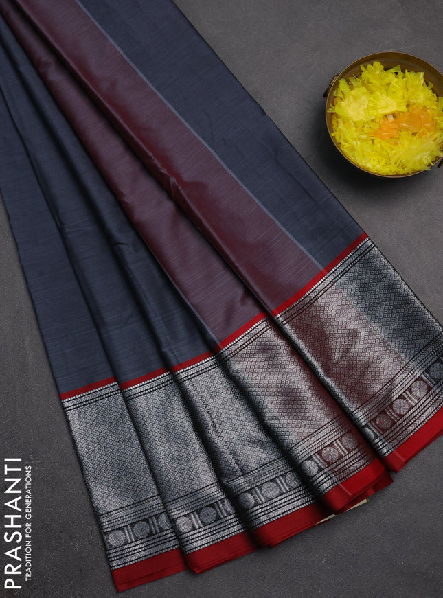 Narayanpet cotton saree dark grey and maroon with plain body and silver zari woven border