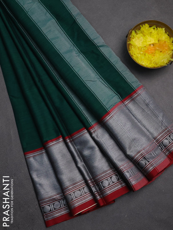 Narayanpet cotton saree green and maroon with plain body and long thread woven border
