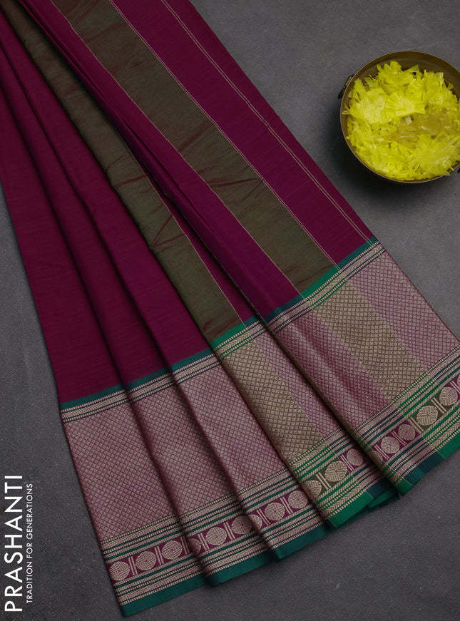 Narayanpet cotton saree magenta pink and dark green with plain body and long thread woven border
