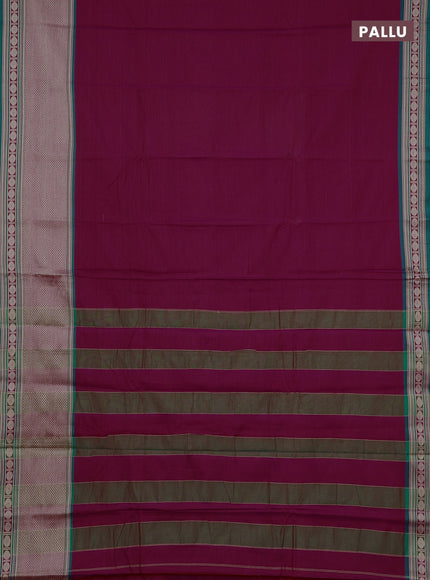 Narayanpet cotton saree magenta pink and dark green with plain body and long thread woven border