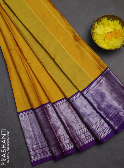 Narayanpet cotton saree mustard yellow and violet with plain body and long silver zari woven border