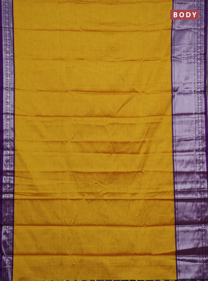 Narayanpet cotton saree mustard yellow and violet with plain body and long silver zari woven border