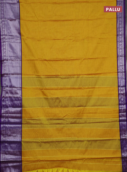 Narayanpet cotton saree mustard yellow and violet with plain body and long silver zari woven border