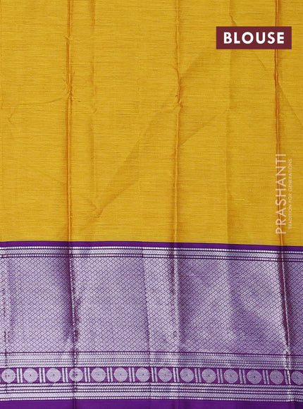 Narayanpet cotton saree mustard yellow and violet with plain body and long silver zari woven border