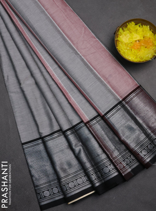 Narayanpet cotton saree grey and black with plain body and long silver zari woven border
