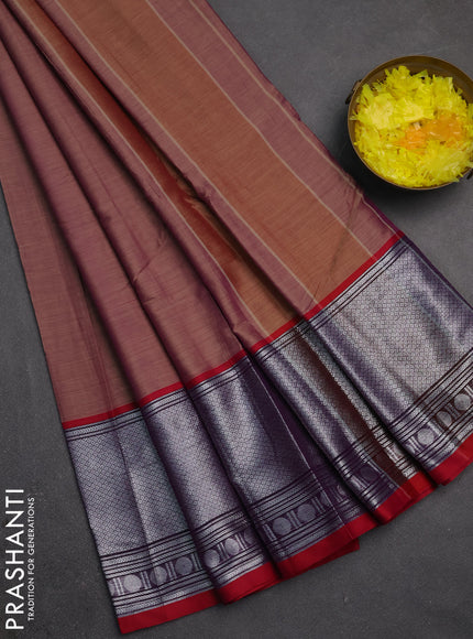 Narayanpet cotton saree dark sandal and maroon with plain body and long silver zari woven border