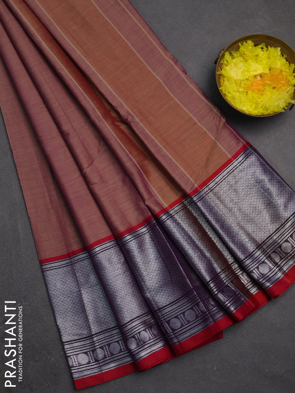 Narayanpet cotton saree dark sandal and maroon with plain body and long silver zari woven border