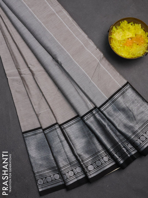 Narayanpet cotton saree beige and black with plain body and long silver zari woven border