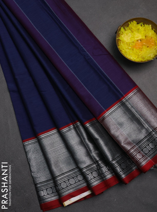 Narayanpet cotton saree blue and maroon with plain body and long silver zari woven border