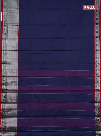 Narayanpet cotton saree blue and maroon with plain body and long silver zari woven border