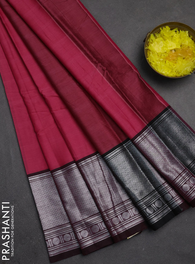 Narayanpet cotton saree peach pink and deep maroon with plain body and long silver zari woven border