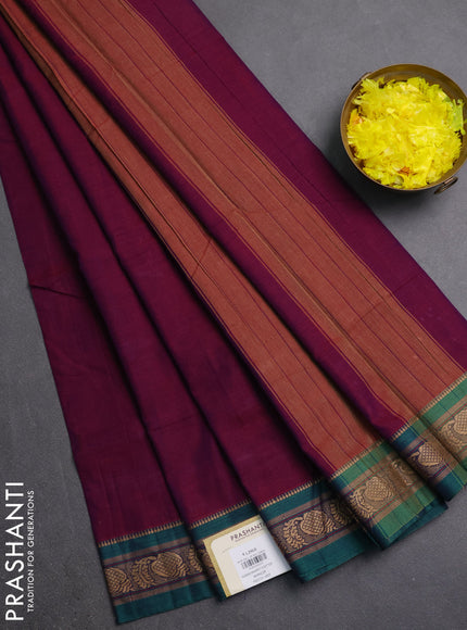 Narayanpet cotton saree dual shade of purple and green with plain body and small thread woven border