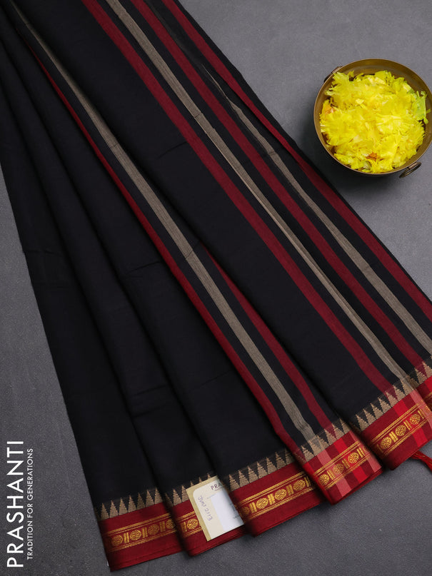 Narayanpet cotton saree black and maroon with plain body and temple design zari woven border