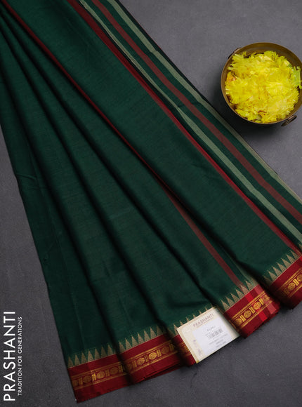 Narayanpet cotton saree green and maroon with plain body and temple design zari woven border