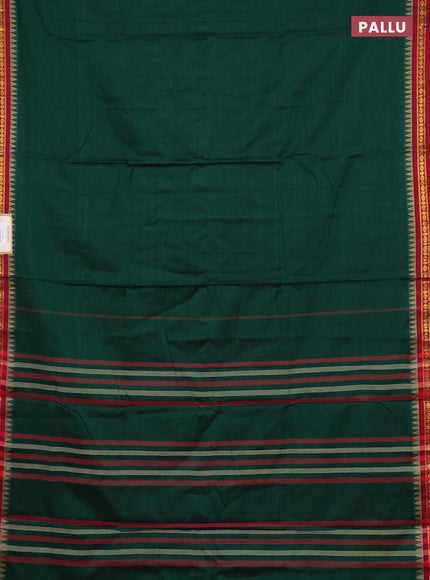 Narayanpet cotton saree green and maroon with plain body and temple design zari woven border