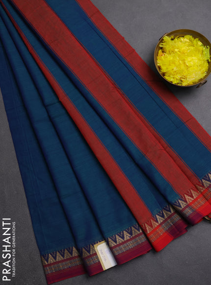 Narayanpet cotton saree dual shade of greenish blue and magenta pink with plain body and thread woven border