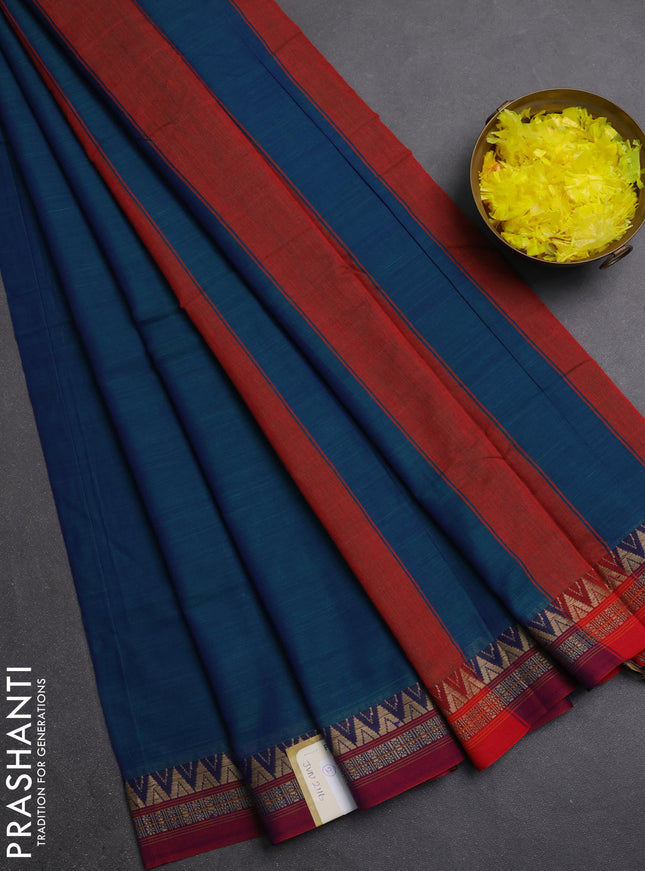 Narayanpet cotton saree dual shade of greenish blue and magenta pink with plain body and thread woven border