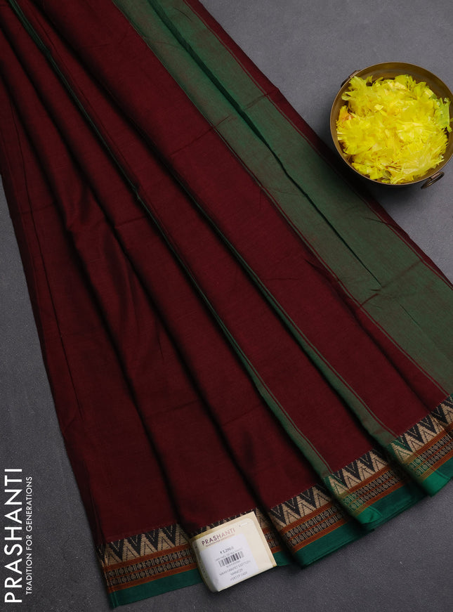 Narayanpet cotton saree deep maroon and green with plain body and thread woven border