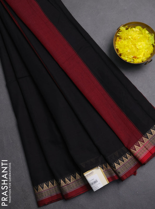 Narayanpet cotton saree black and maroon with plain body and thread woven border