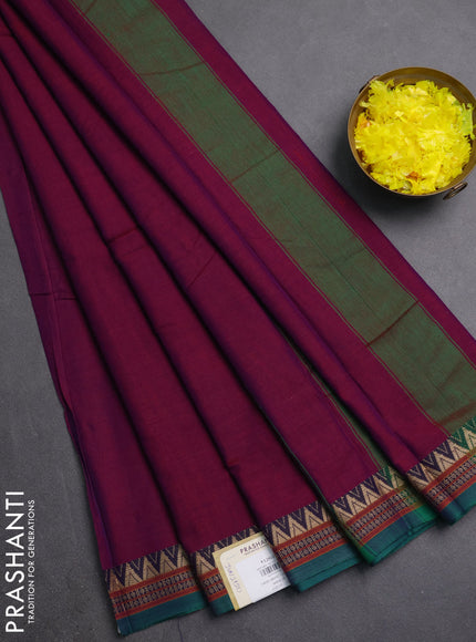 Narayanpet cotton saree dual shade of purple and green with plain body and thread woven border
