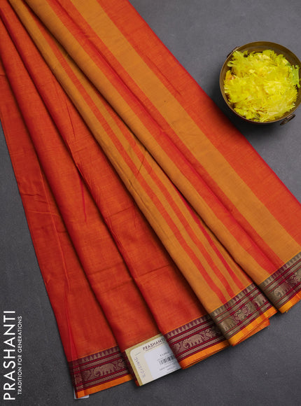 Narayanpet cotton saree orange with plain body and thread woven border