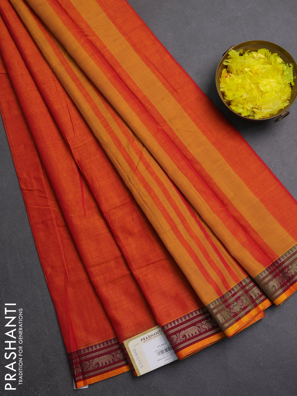 Narayanpet cotton saree orange with plain body and thread woven border