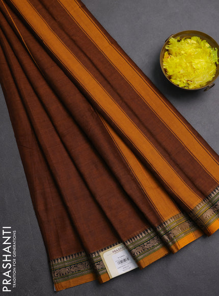Narayanpet cotton saree dark mustard with plain body and thread woven border