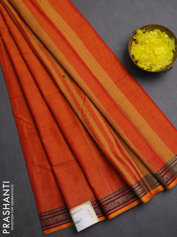 Narayanpet cotton saree orange with plain body and thread woven border