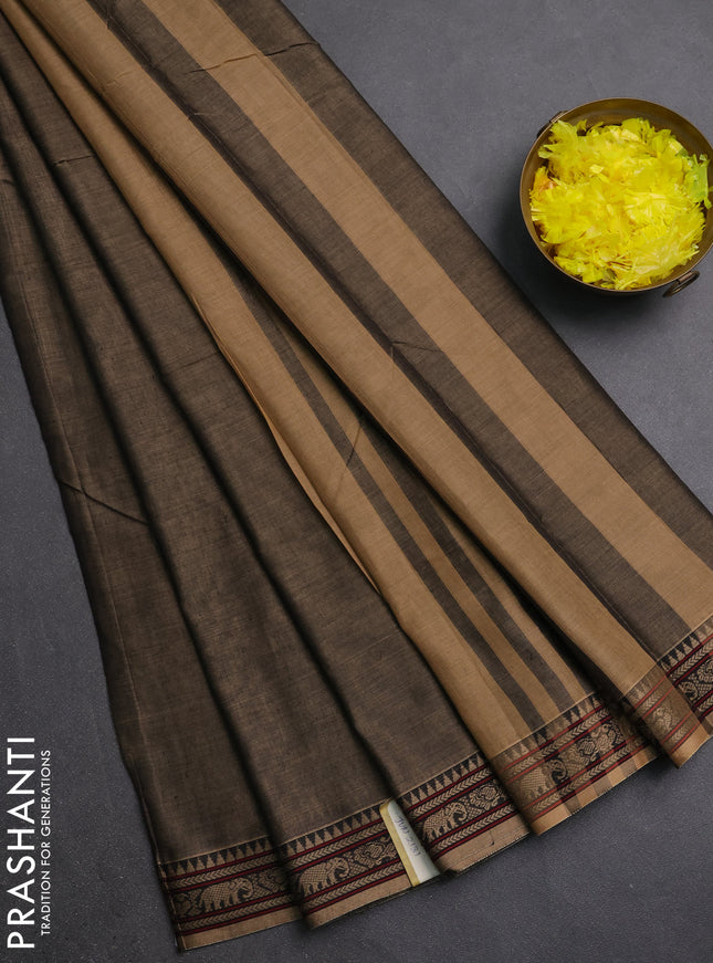 Narayanpet cotton saree chikku shade with plain body and thread woven border