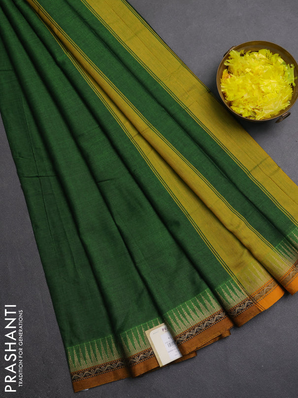 Narayanpet cotton saree green and mustard yellow with plain body and thread woven border