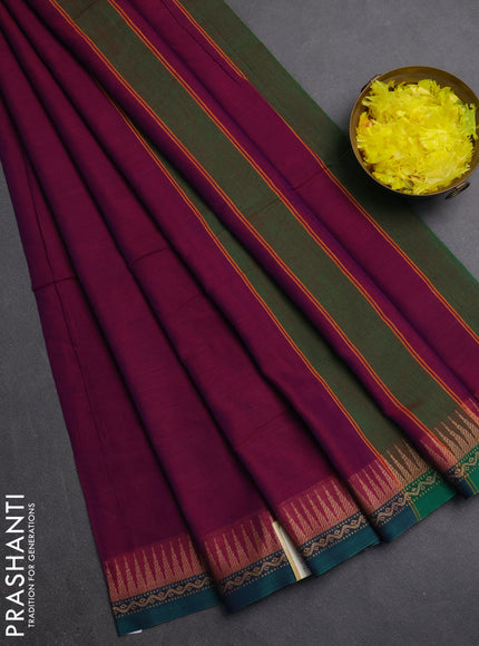Narayanpet cotton saree dual shade of purple and green with plain body and thread woven border