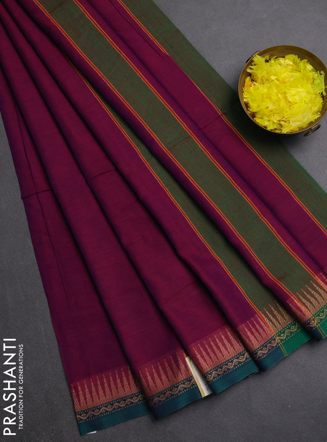 Narayanpet cotton saree dual shade of purple and green with plain body and thread woven border