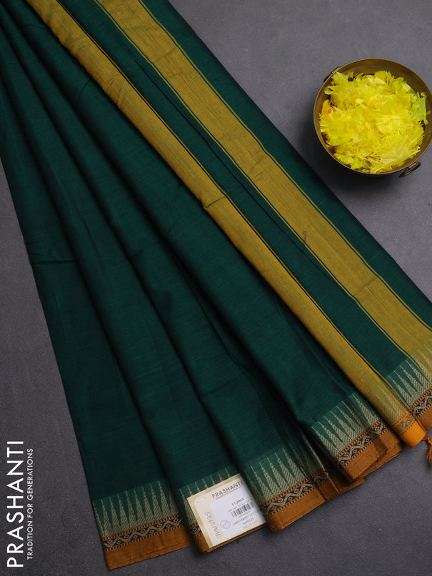 Narayanpet cotton saree green and mustard yellow with plain body and thread woven border
