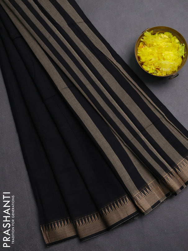 Narayanpet cotton saree black with plain body and thread woven border