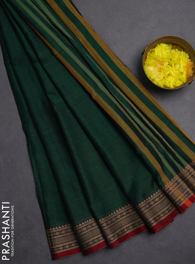 Narayanpet cotton saree green and maroon with plain body and thread woven border