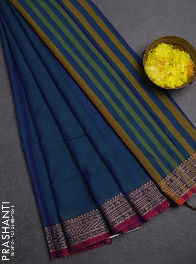 Narayanpet cotton saree dual shade of bluish green and magenta pink with plain body and thread woven border