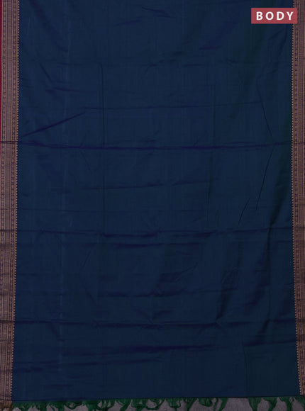 Narayanpet cotton saree dual shade of bluish green and magenta pink with plain body and thread woven border