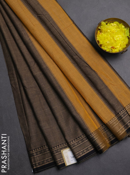Narayanpet cotton saree chikku shade and black with plain body and thread woven border