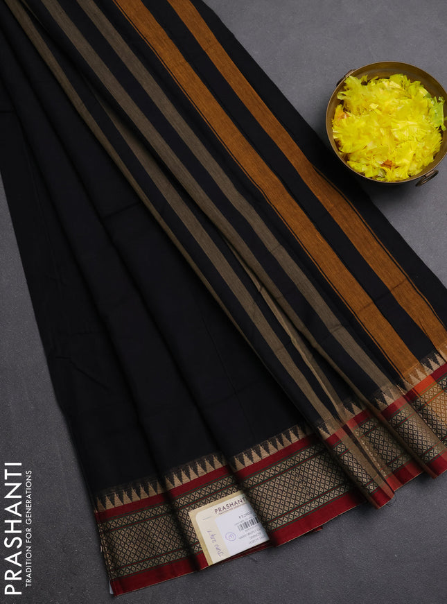 Narayanpet cotton saree black and maroon with plain body and thread woven border