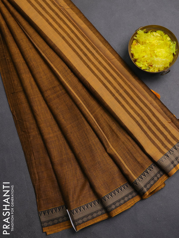 Narayanpet cotton saree mustard yellow with plain body and thread woven border
