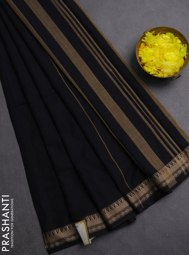 Narayanpet cotton saree black with plain body and thread woven border