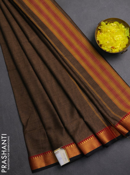 Narayanpet cotton saree brown and black with plain body and thread woven border