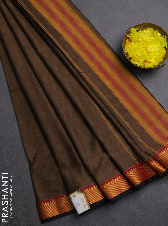 Narayanpet cotton saree brown and black with plain body and thread woven border