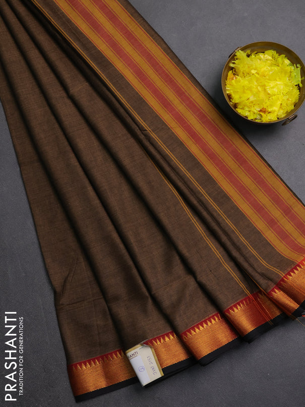 Narayanpet cotton saree brown and black with plain body and thread woven border