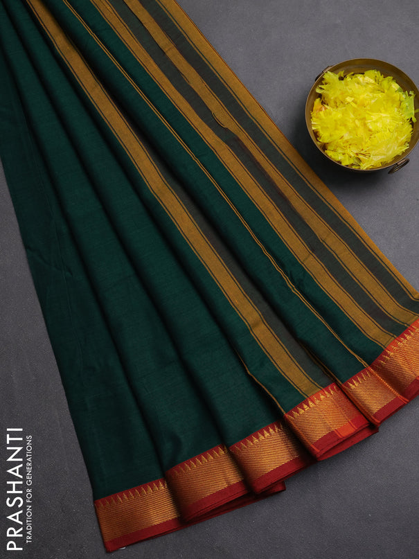 Narayanpet cotton saree green and maroon with plain body and zari woven border