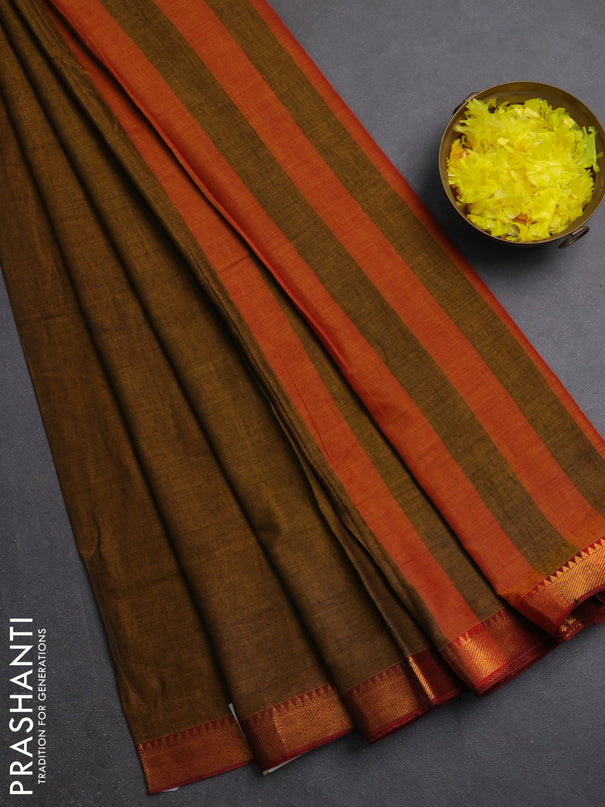 Narayanpet cotton saree dark mustard with plain body and zari woven border