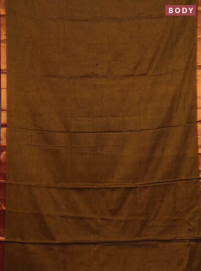 Narayanpet cotton saree dark mustard with plain body and zari woven border