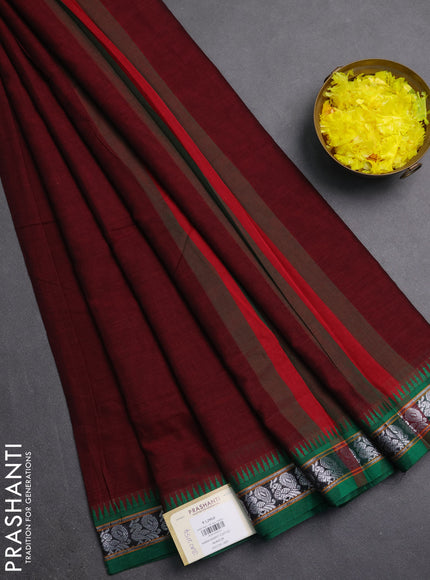 Narayanpet cotton saree maroon and green with plain body and silver zari woven border