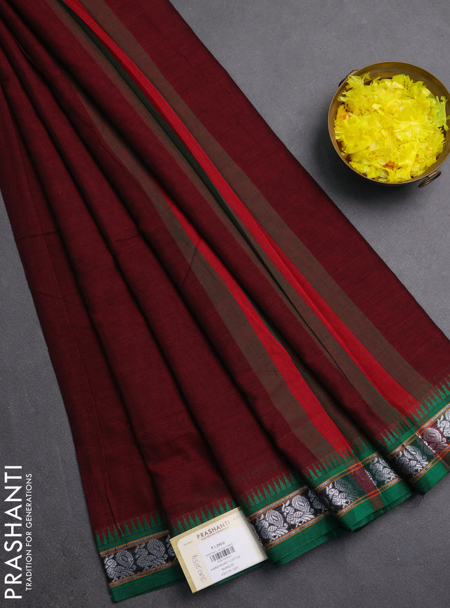 Narayanpet cotton saree maroon and green with plain body and silver zari woven border