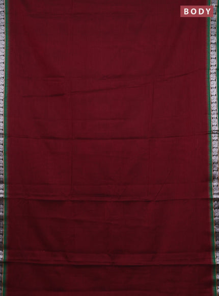Narayanpet cotton saree maroon and green with plain body and silver zari woven border